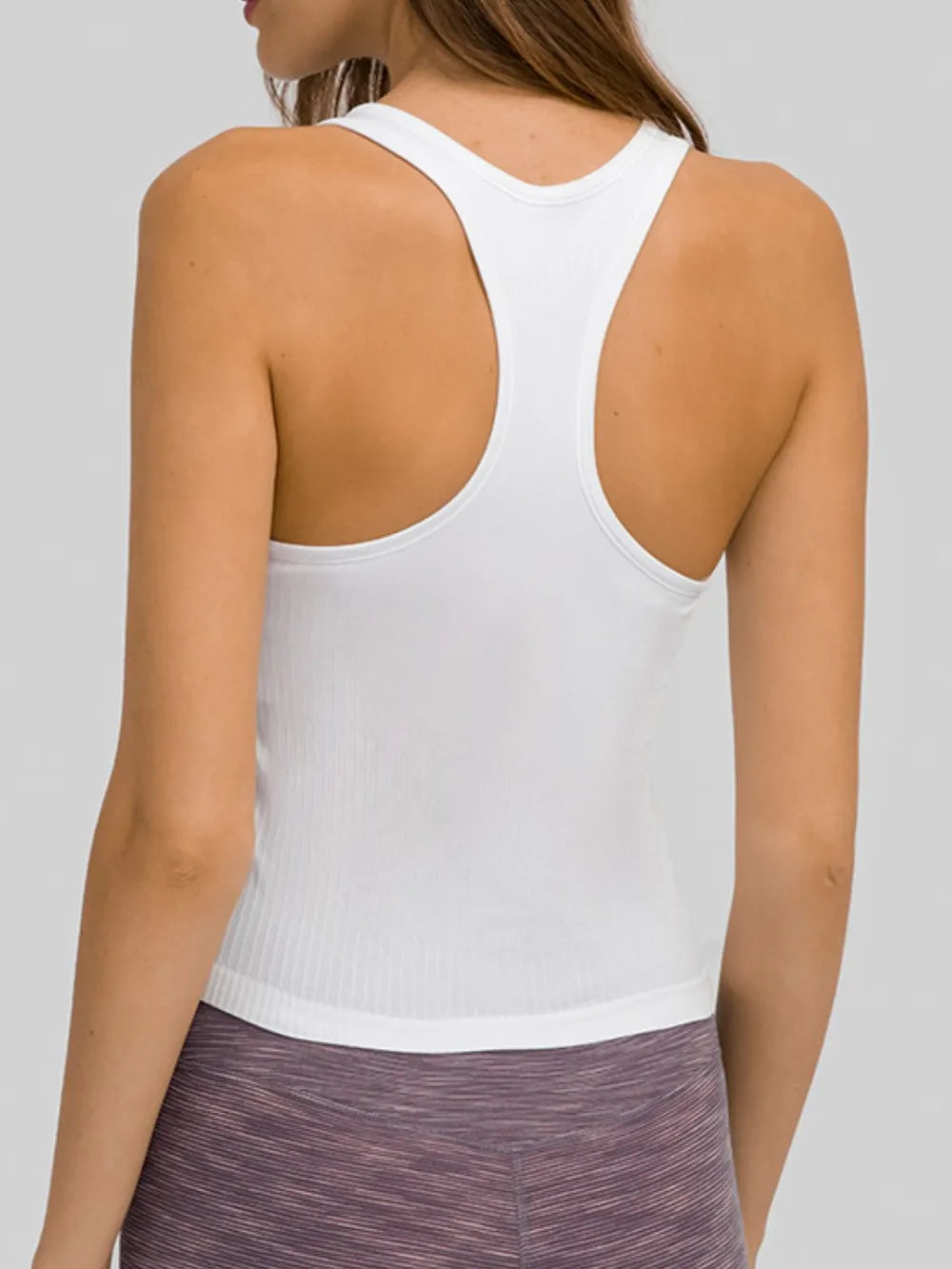 Round neck racerback padded active tank front detail