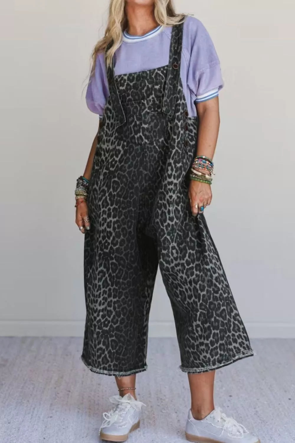 Leopard print cropped denim overalls front view