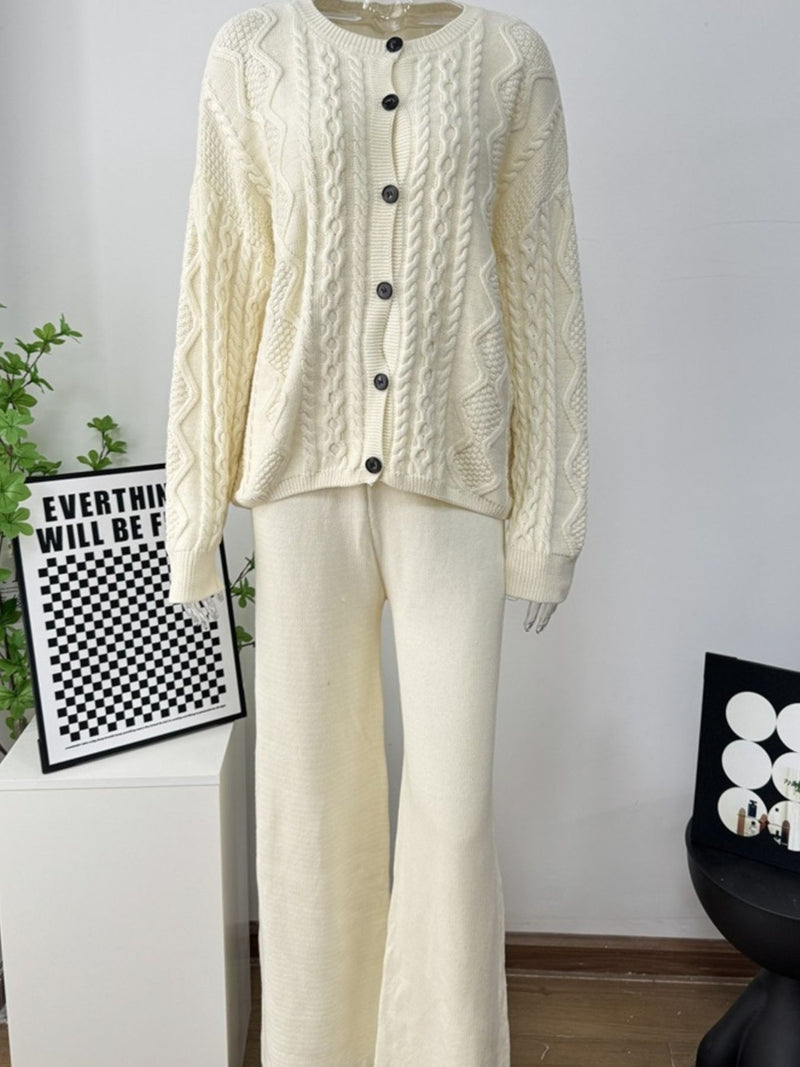 Cable knit cardigan and wide leg pants set front