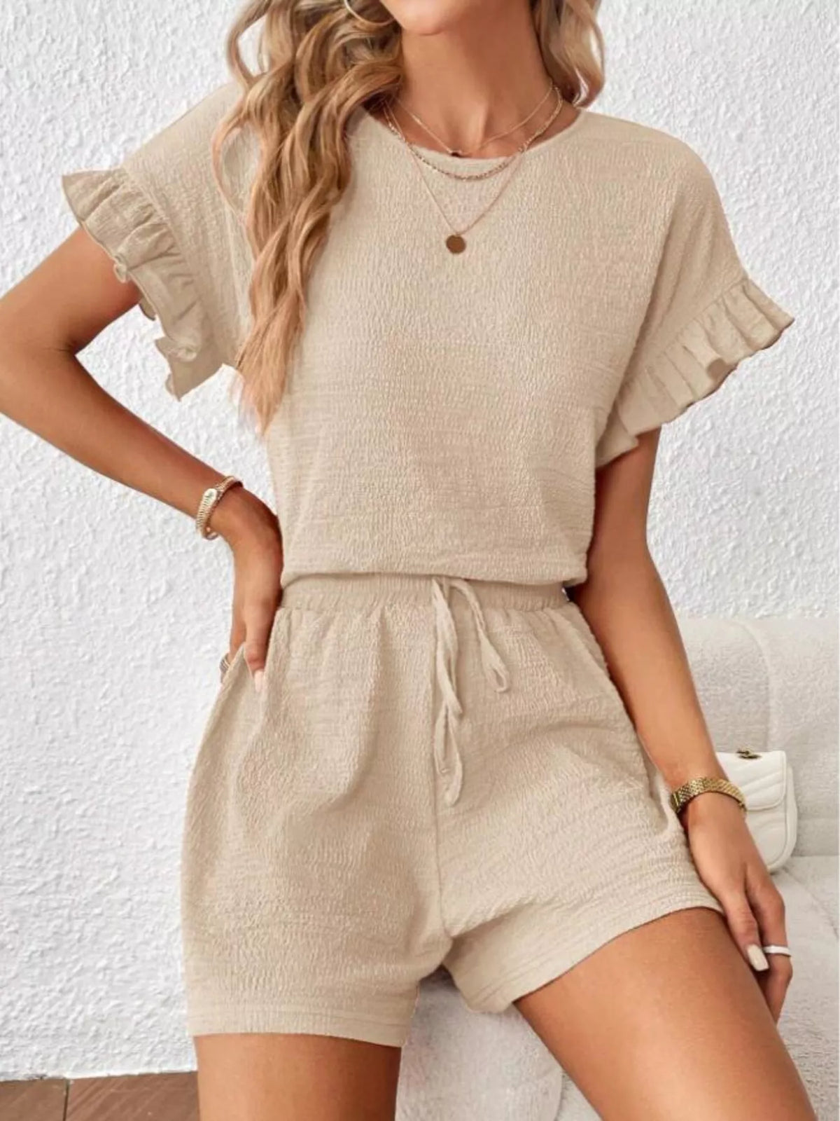 Tan round neck tee and shorts set styled look