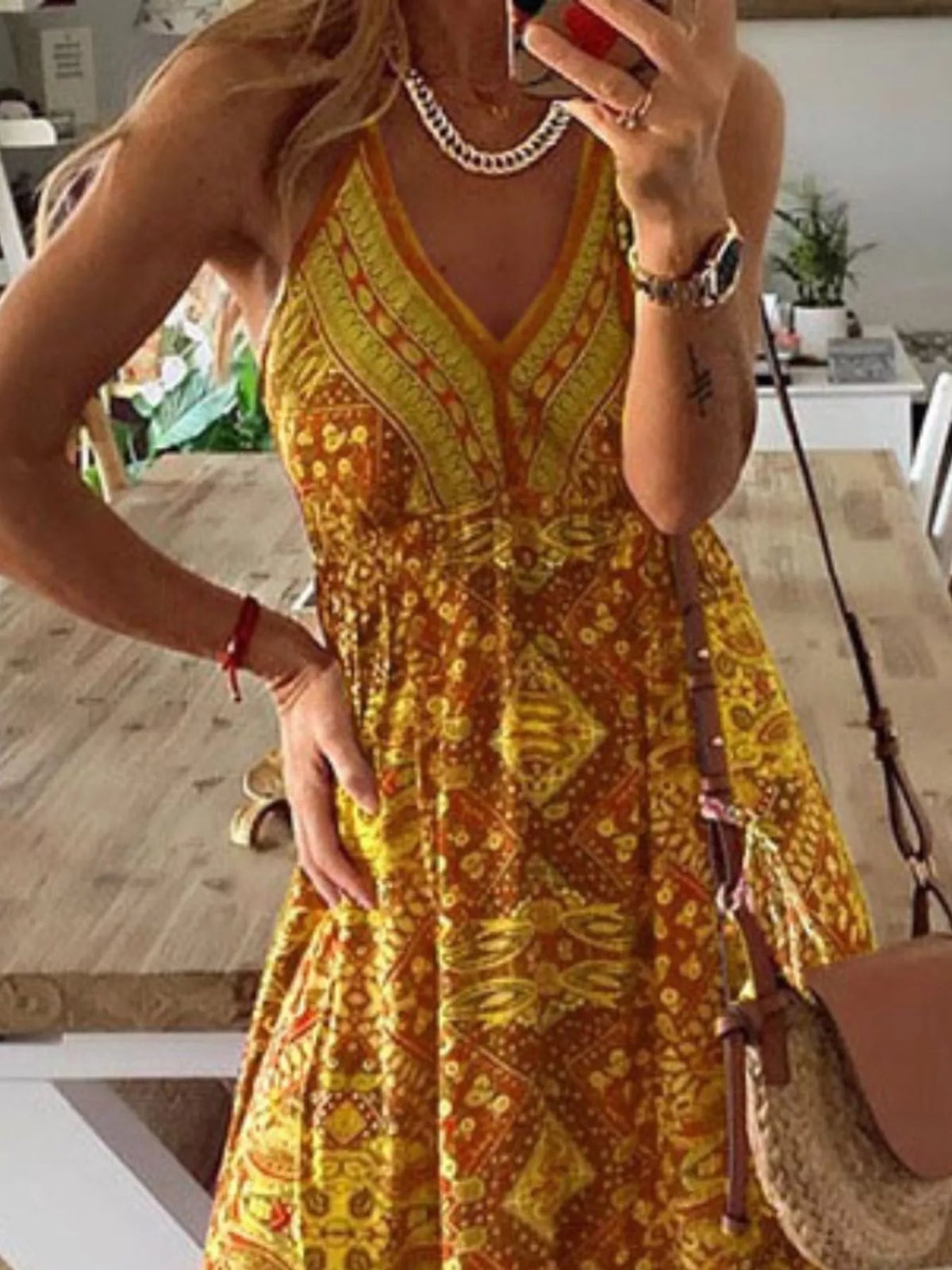 Mustard printed V neck maxi dress full length view