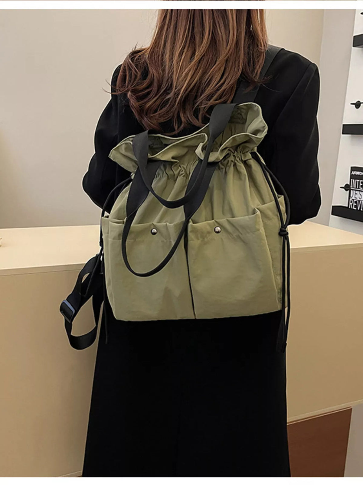 Drawstring nylon backpack interior compartment