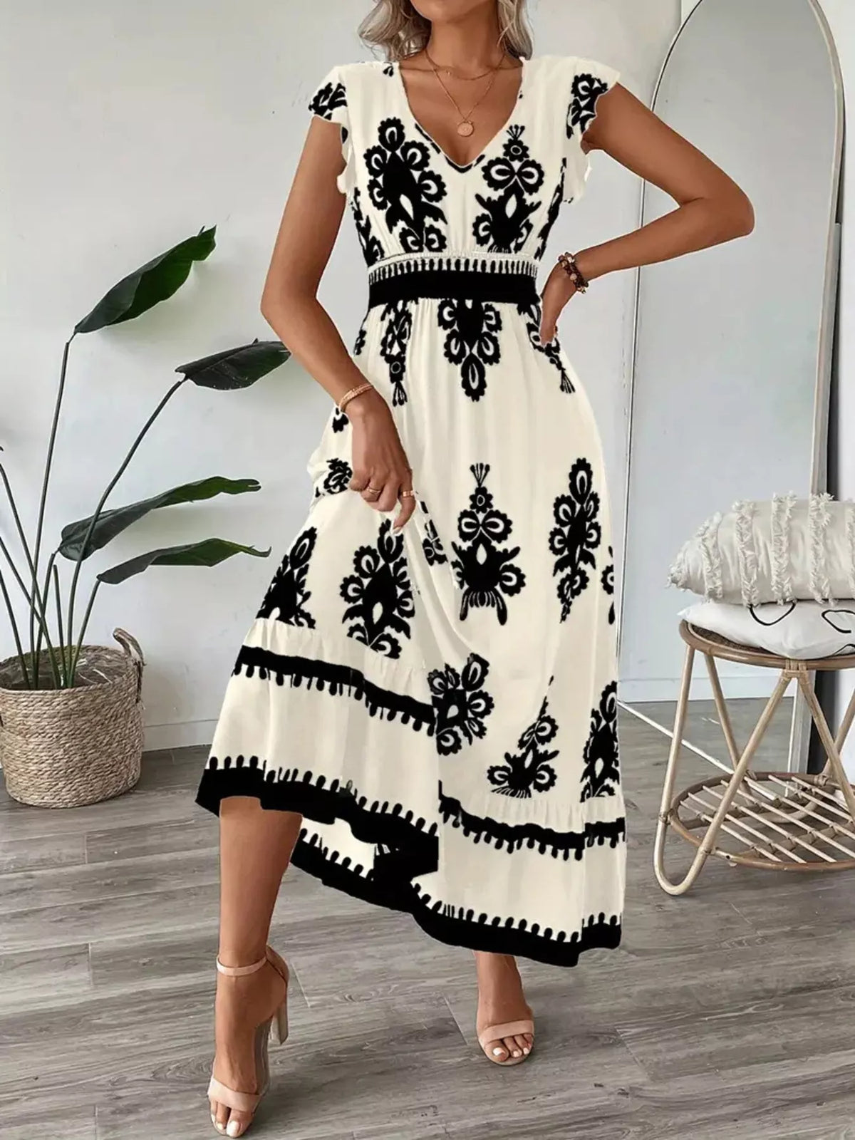 ruffle print v neck maxi dress side view