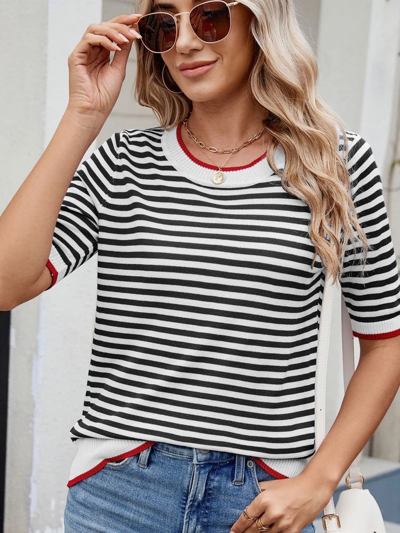 Striped Casual T-Shirt with Contrast Trim - Fashorio