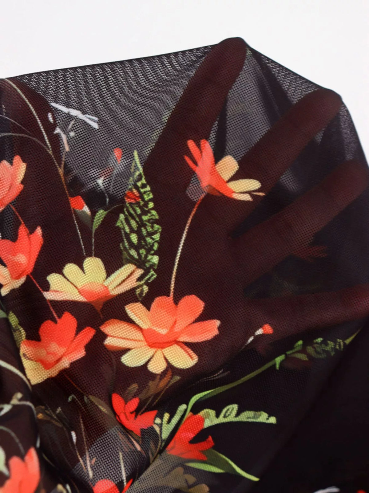 Floral flounce sleeve mermaid maxi dress, three quarter view