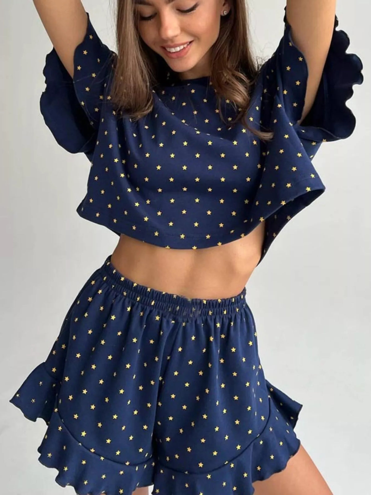 Printed crop top and ruffled shorts two piece lounge set front view