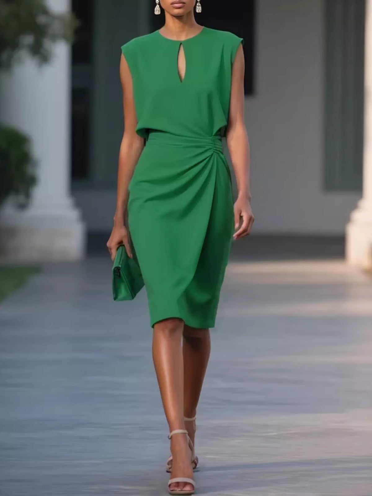 White ruched waist sleeveless dress front view