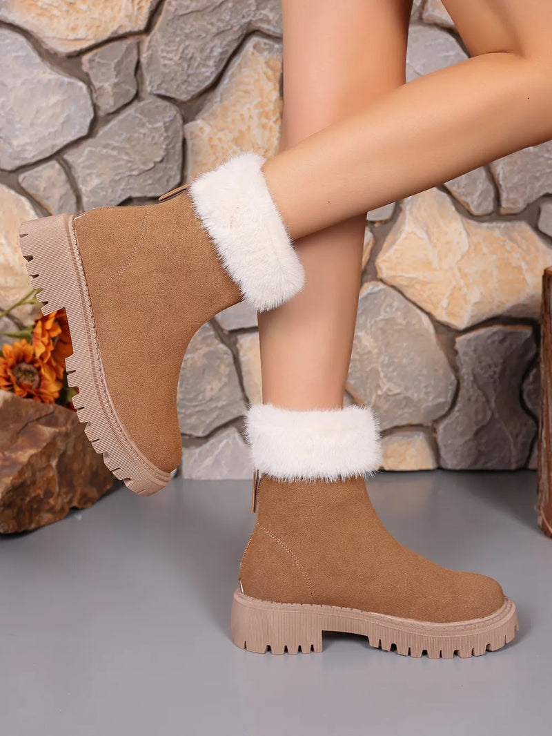 Faux fur trim suede platform boots front view