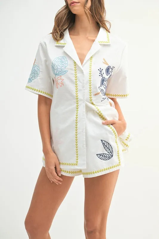 MABLE Embroidered Button Down Shirt and Shorts Set - Fashorio