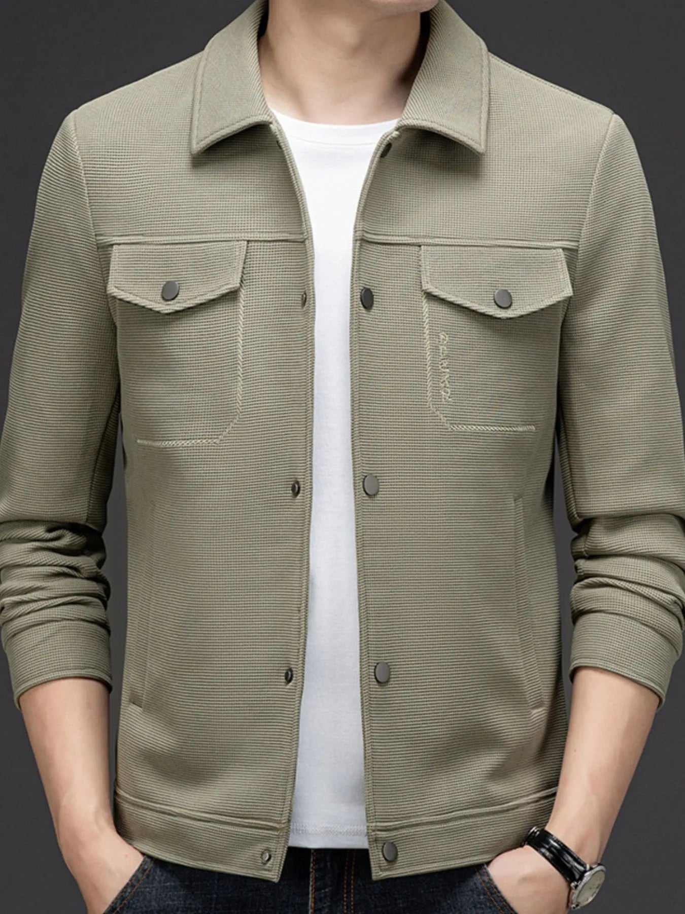 Men's Plus Size Button Up Long Sleeve Jacket Gray Green - Fashorio