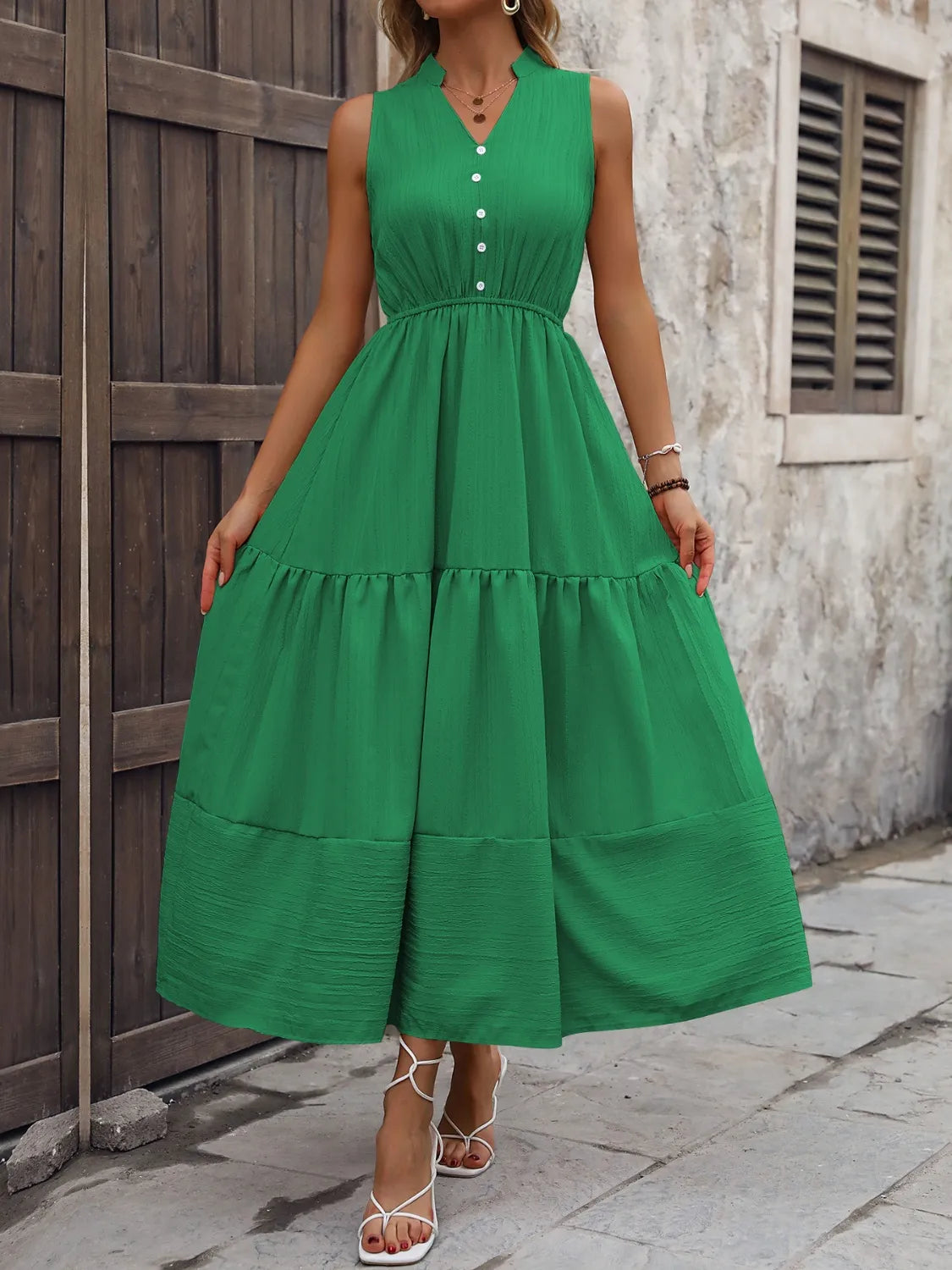 Notched sleeveless maxi tank dress, seated styled view
