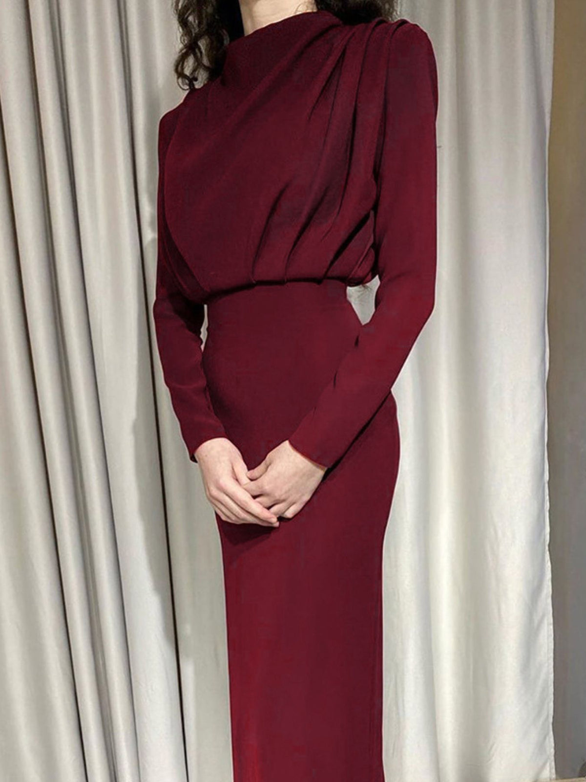 Mock neck long sleeve maxi dress side view