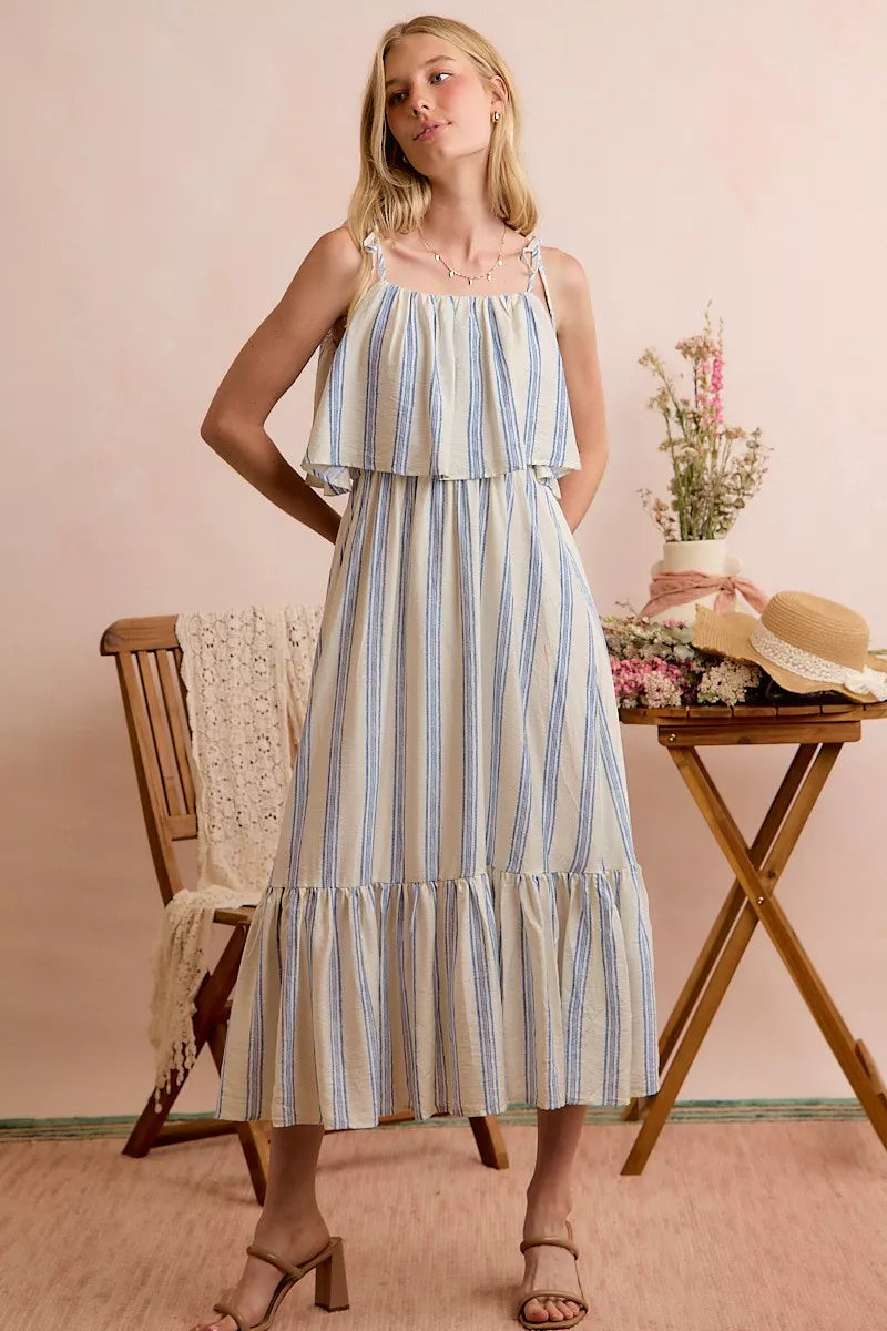 White and blue striped tiered midi dress with shoulder ties front view