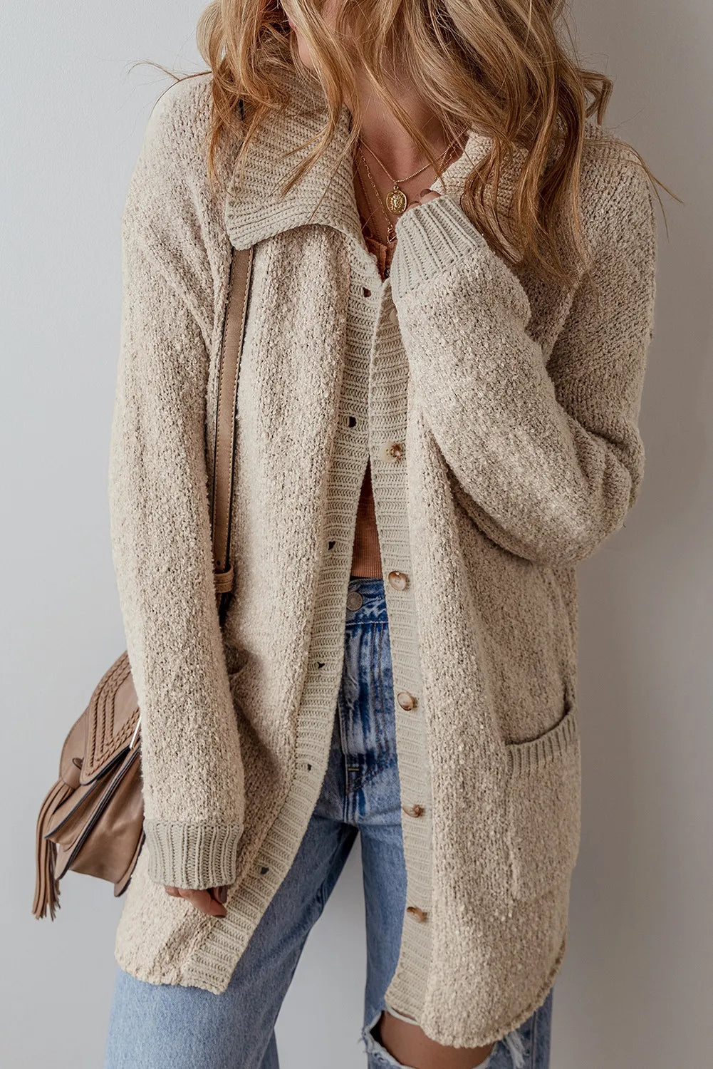 Pocketed Button Up Long Sleeve Cardigan Dust Storm - Fashorio