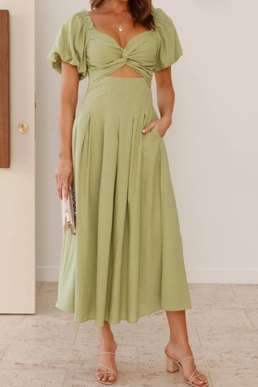 Puff sleeve dress ruched bodice detail