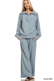 Zenana Ribbed High Neck Half Zip Pullover & Pants Set - Fashorio