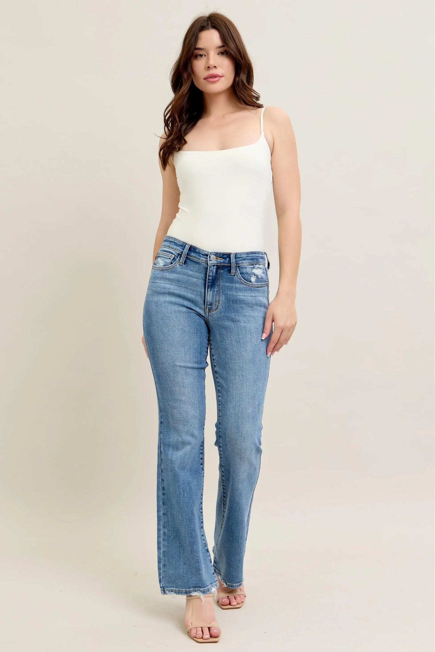 Judy Blue Full Size Mid Rise Wash Destroy Hem Bootcut Jeans Plus Size - Fashorio