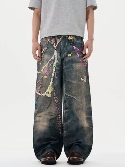 Men's Printed Washed Distressed Wide Leg Jeans - Fashorio