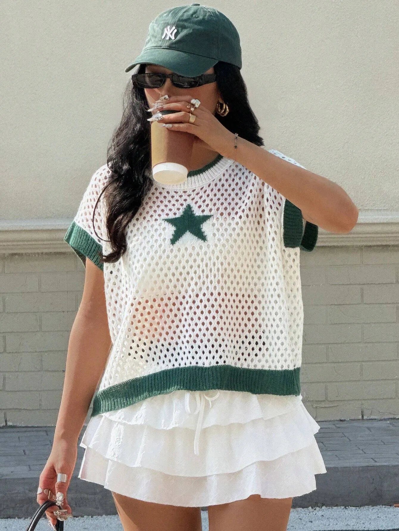 Star Pattern Mesh Knit Short Sleeve Knit Top - Fashorio