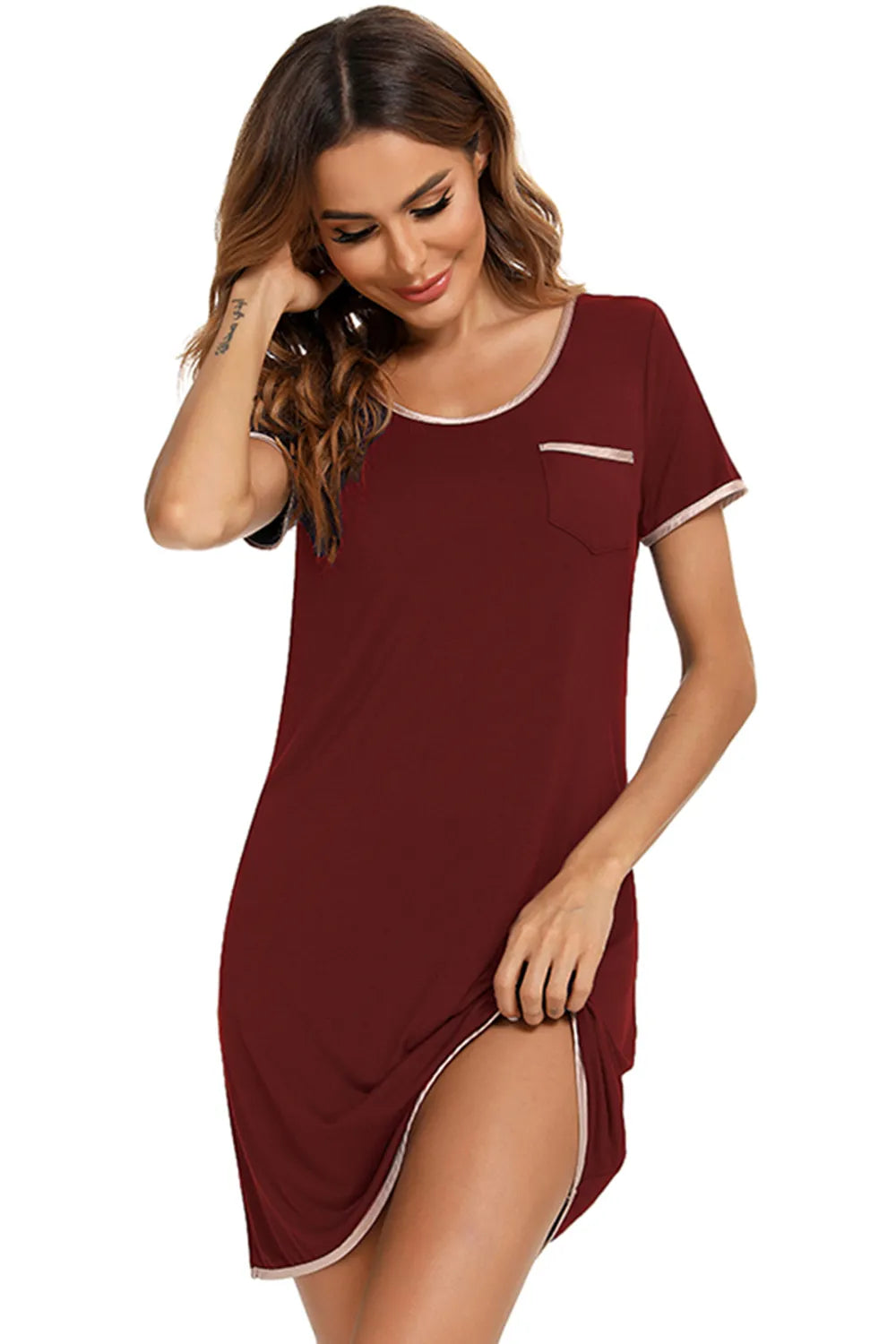 Contrast Trim Pocketed Round Neck Lounge Dress - Fashorio
