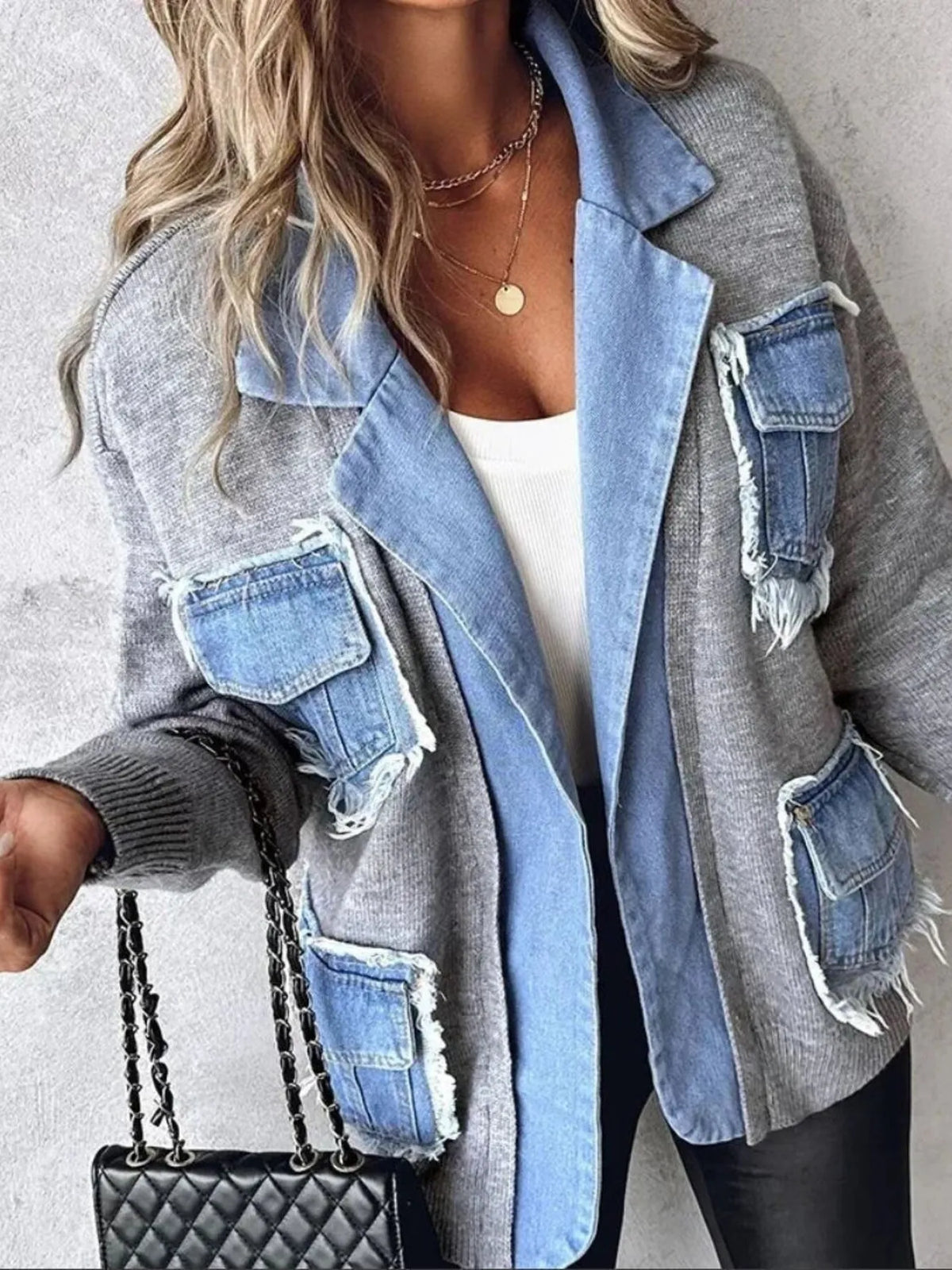 raw hem patchwork pocket cardigan styled outfit view