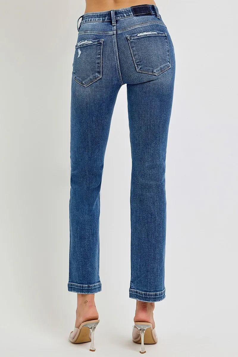 RISEN Full Size Tummy Control Elastic Band Mid Rise Straight Jeans Plus Size - Fashorio