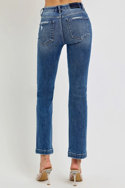 RISEN Full Size Tummy Control Elastic Band Mid Rise Straight Jeans Plus Size - Fashorio