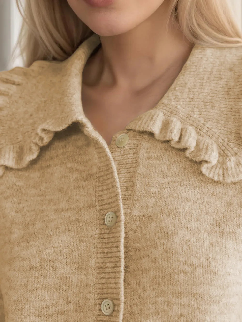 Frill Button Up Collared Neck Long Sleeve Cardigan - Fashorio