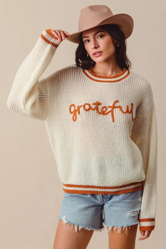 SO ME Thanksgiving Grateful Lettering Stitch Sweater - Fashorio