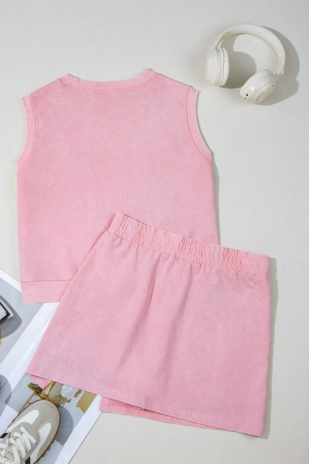 Mineral Wash Cotton Tank and Slit Skort Set in Blush Pink, view 7