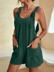 Full Size Knot Strap Romper with Pockets Plus Size Dark Green - Fashorio