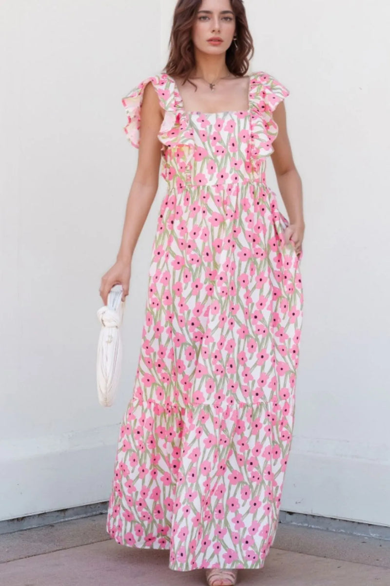 Blush pink floral square neck cap sleeve maxi dress, front view