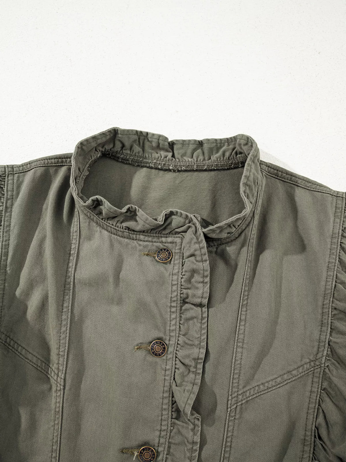 Ruffled Patchwork Denim Vest in Army Green close up