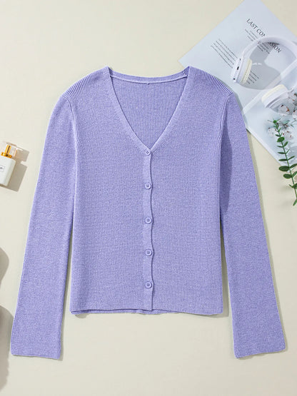 Ribbed Knit Button Front V Neck Cardigan - Fashorio