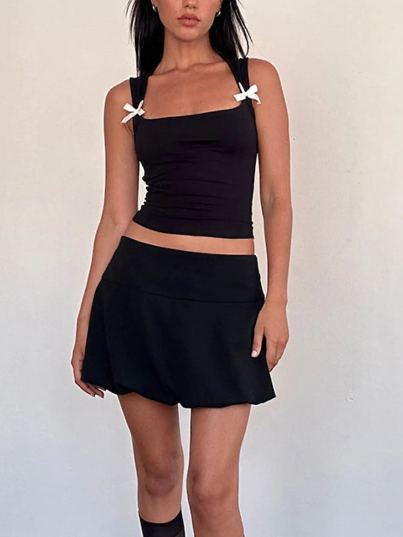 Bow Detail Square Neck Cropped Tank - Fashorio