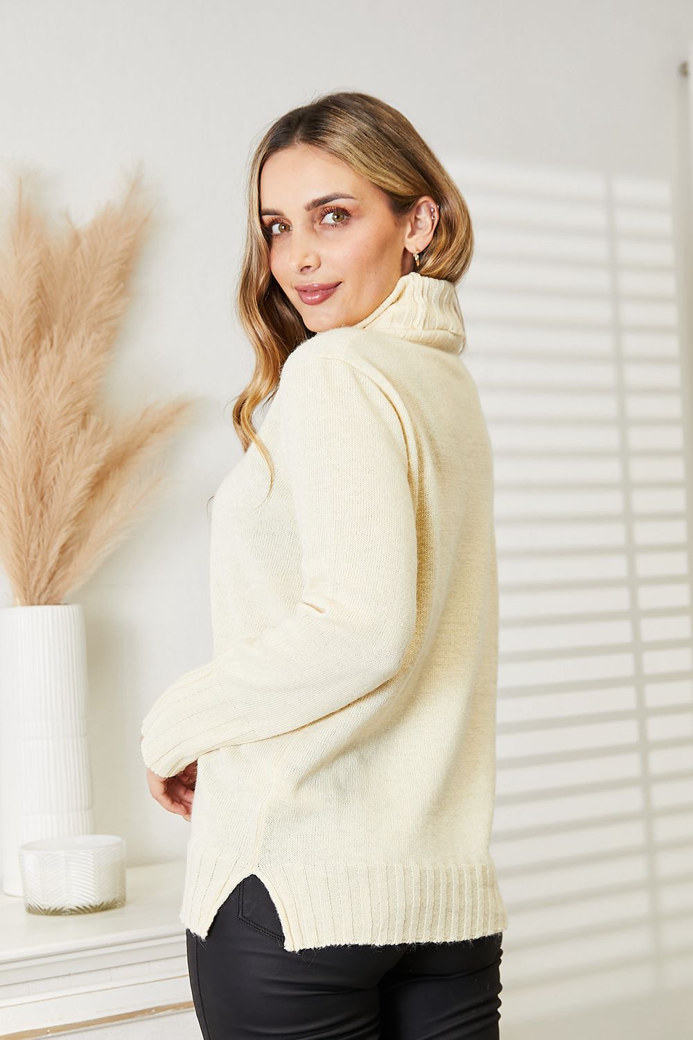 Turtleneck Side Slit Long Sleeve Sweater in Cream view 7