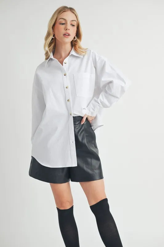 White high low collared drop shoulder shirt front view on model