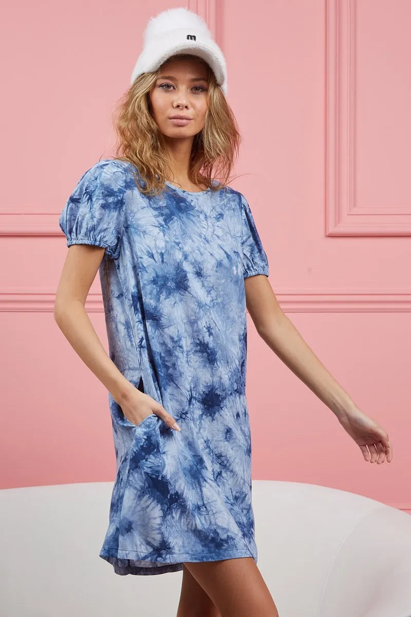Tie Dye Puff Sleeve Dress with Pockets in Navy view 11