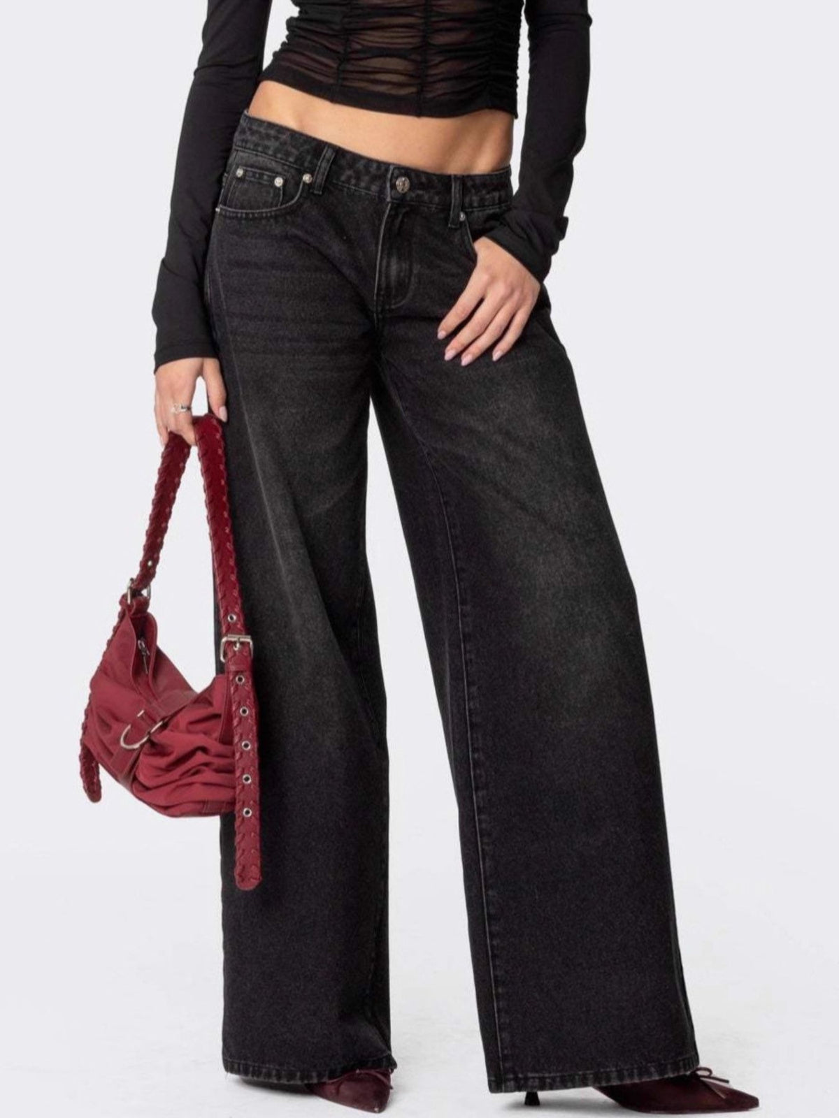 Vintage Wash Wide Leg Denim Jeans, view 6