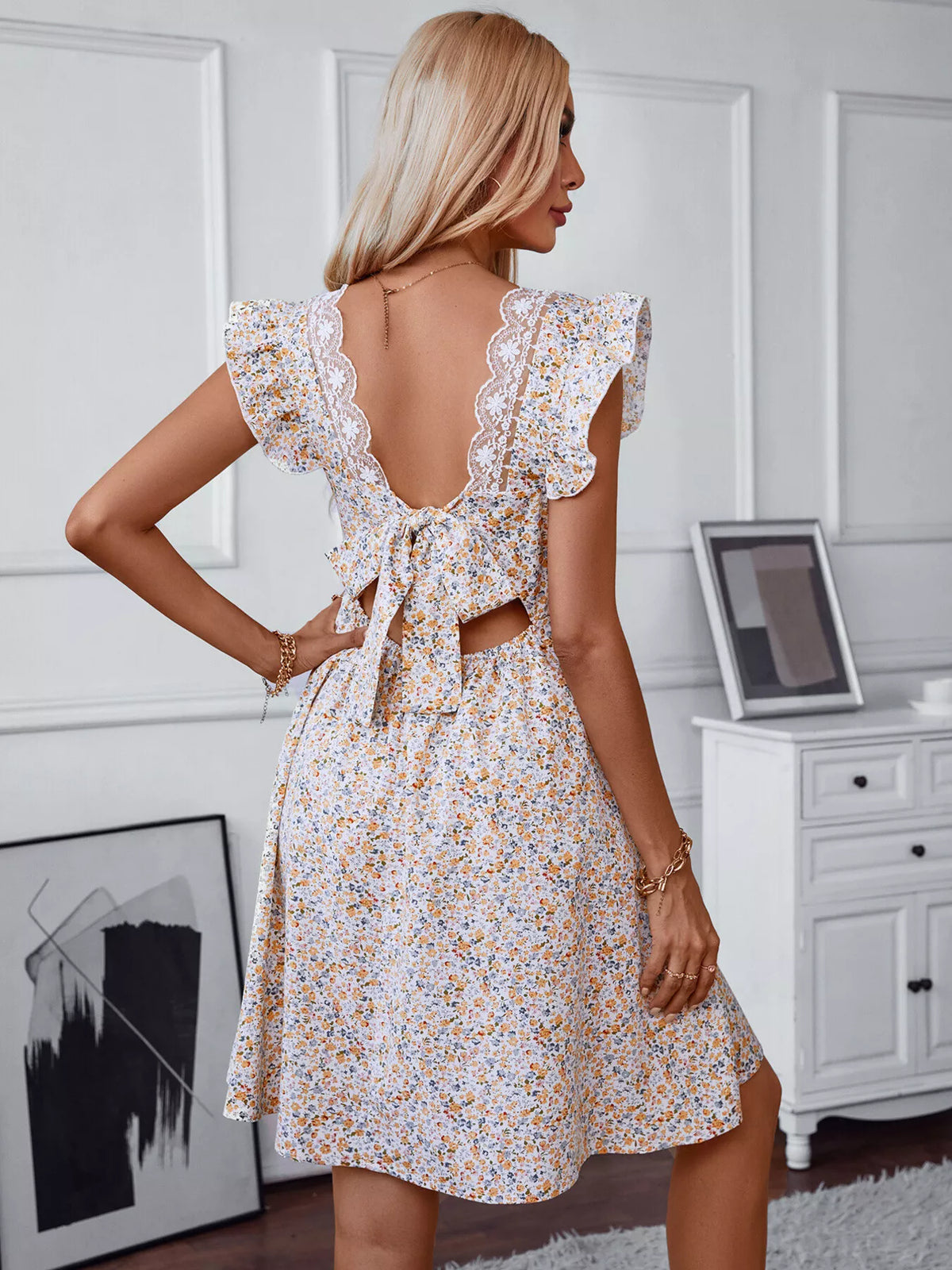 Close up of the lace trim detail on the dress