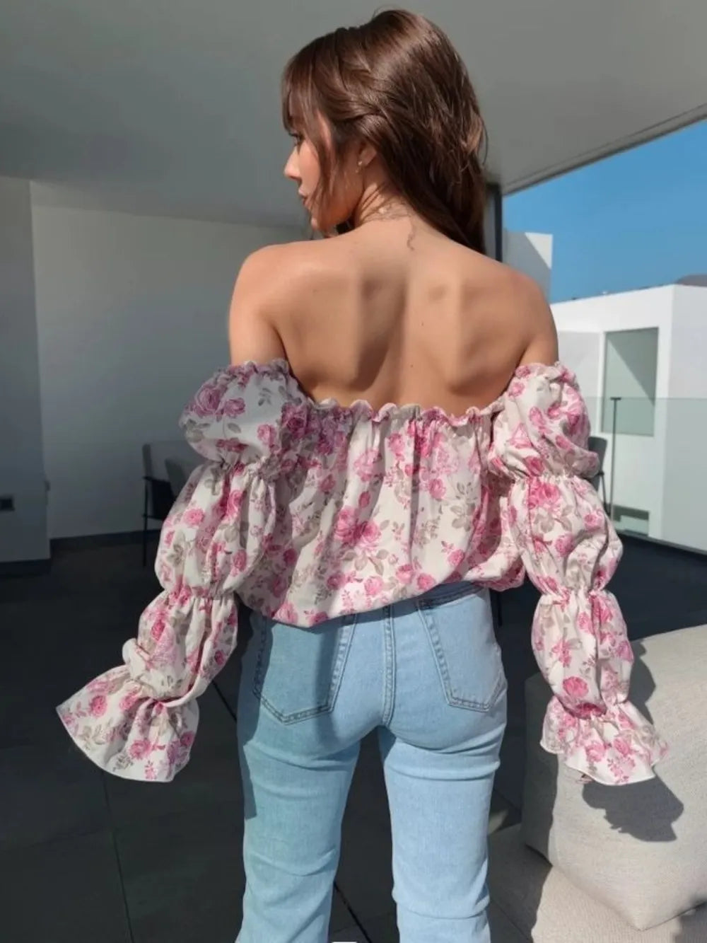 Printed off shoulder neckline detail