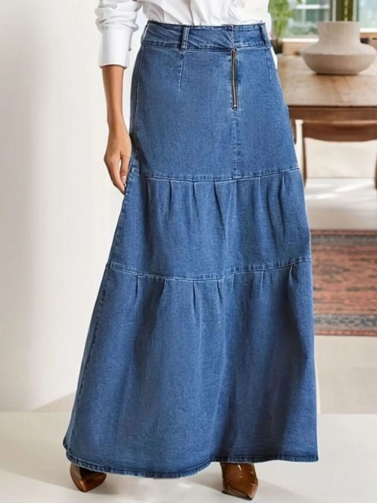 Tiered blue denim maxi skirt, front view