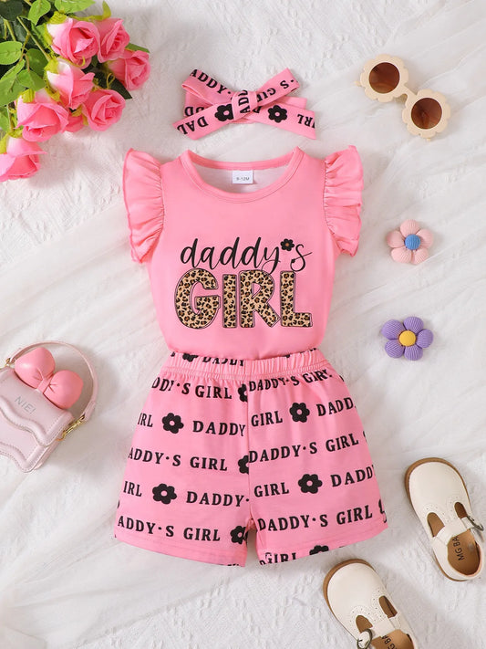 Children's Headband Letter Ruffle Sleeve Top and Shorts 3-Piece Set Pink - Fashorio