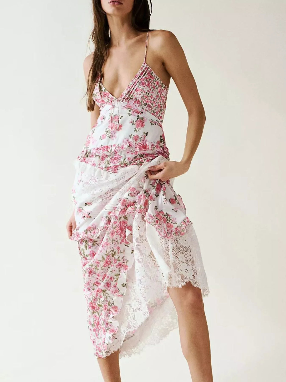 Full length lace maxi dress styled for an event