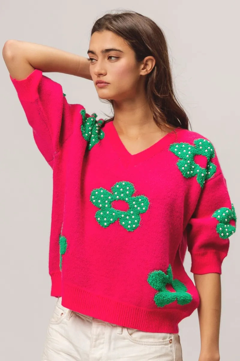 BiBi Pearl Beads Flowers Sweater Top - Fashorio