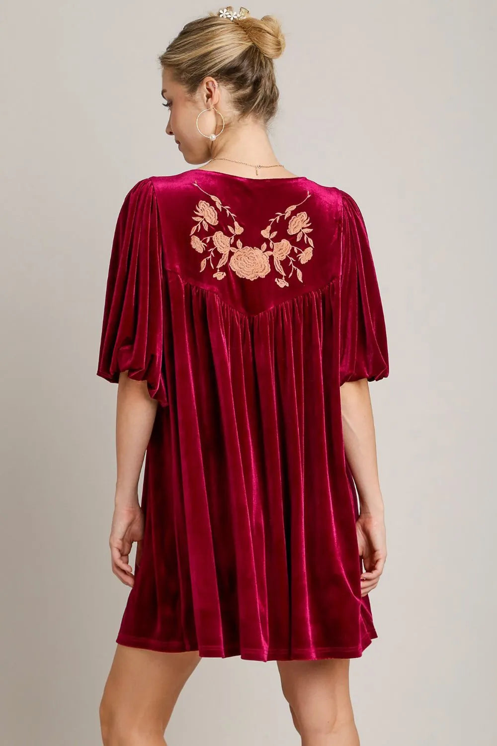 Embroidered Half Sleeve Velvet Mini Dress with Tassel back view