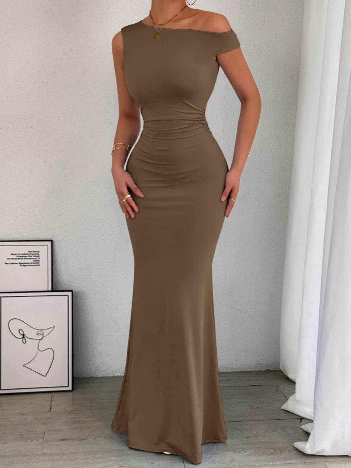 One shoulder maxi dress styling close up