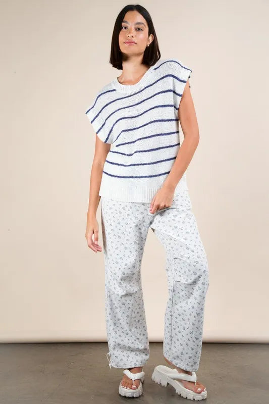 Striped Knit Sweater Vest Top in White styled look