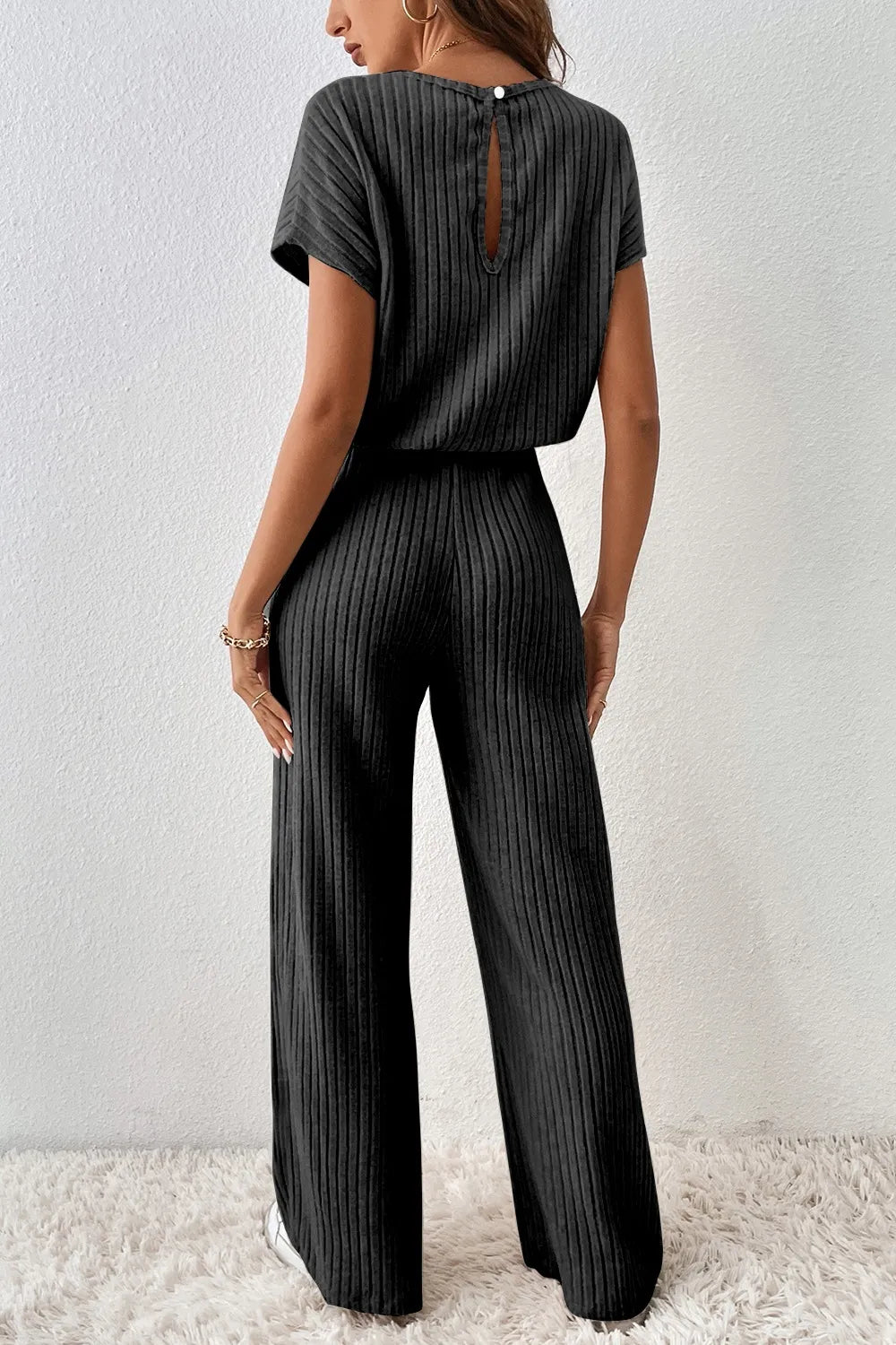 Ribbed Short Sleeve Wide Leg Jumpsuit - Fashorio
