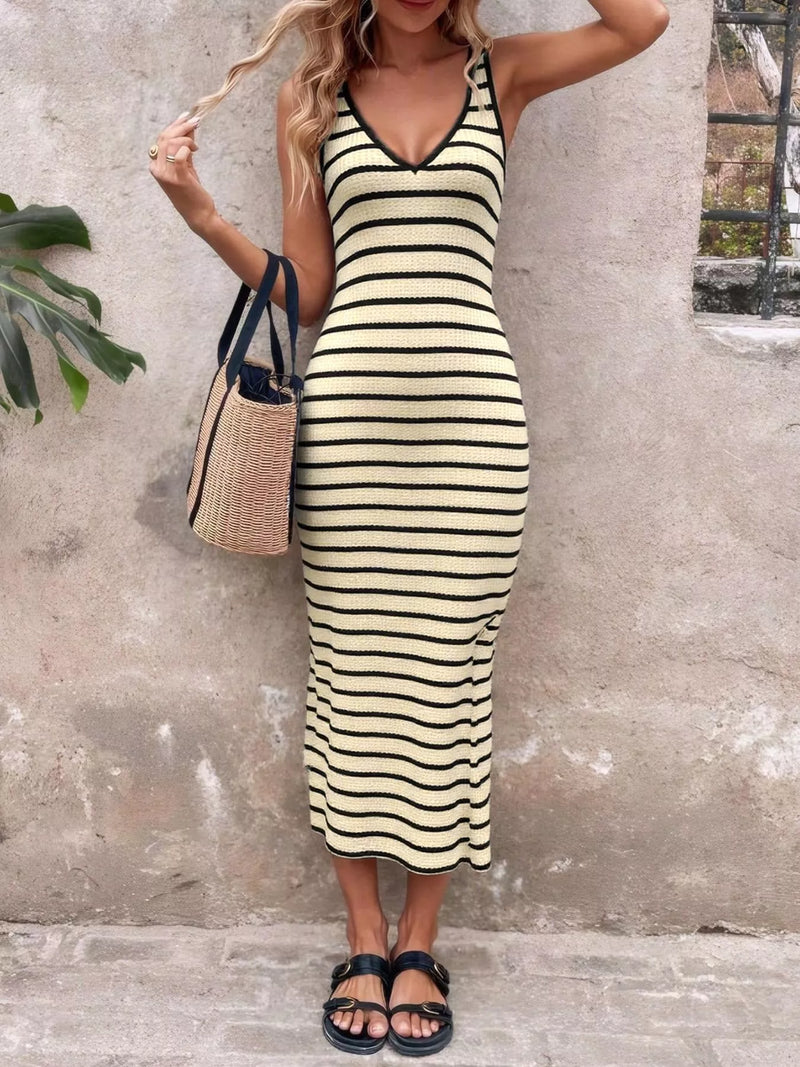 Striped Bodycon Knit Midi Dress front view